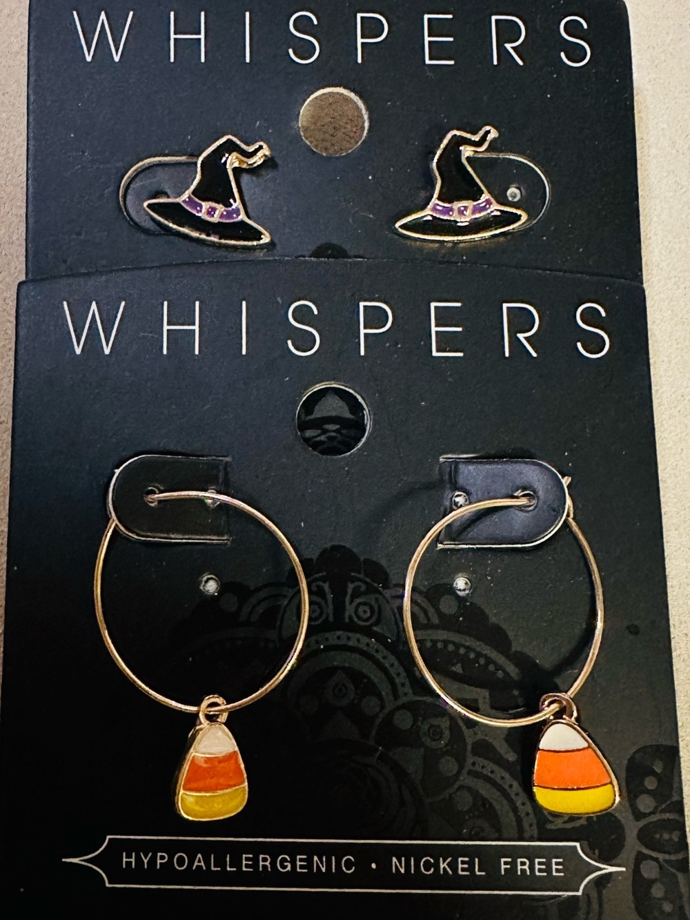Whispers Gold-Tone Halloween Candy Corn Hoop & Witch Hat Stud Earring Set